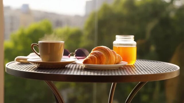 Small sun-drenched balcony with a round metal table set for breakfast including a croissant, honey jar and steaming coffee cup against blurred city greenery