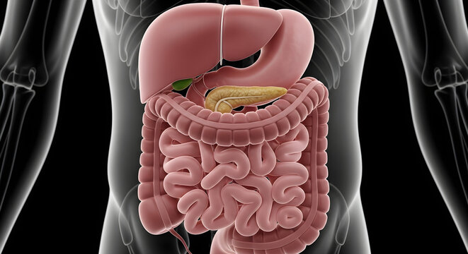 Precise 3D illustration of the human digestive system, featuring vital internal organs such as the liver, pancreas, stomach, and intestines, for anatomy and medical education