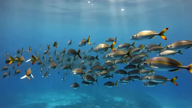 School of silver fish swimming in the ocean depths wildlife underwater scene with light rays through water surface