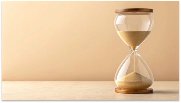 An hourglass with sand falling slowly. Placed on the right side. Left side is a solid soft beige background with the text TIME IS YOURS. Expansive copy space, concept of time and patience.