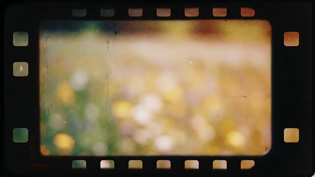 Capturing the essence of a fleeting summer memory, a vintage film strip frame cradles a softly blurred meadow, evoking a nostalgic journey back to simpler times and sunlit fields