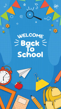 Welcome Back To School Illustration with Supplies In Vertical Background