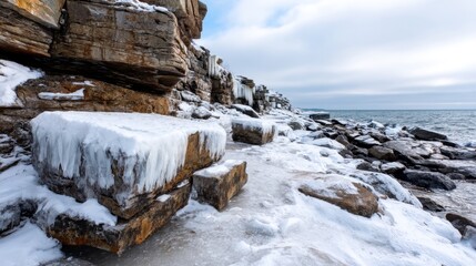 Icy Coastal Cliffside with Pale Sky and Frozen Seascape at Low Tide