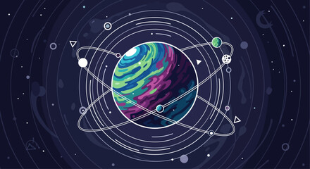 Abstract Planet with Orbital Rings and Satellites in Pixel Art Style