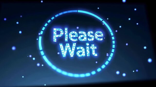 Futuristic glowing hologram animation with please wait message in dark cyber background high-tech interface digital particles