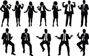 Fototapeta premium Business silhouettes with microphones, male and female speakers presenting, corporate communication illustration, vector design for professional speaking artwork