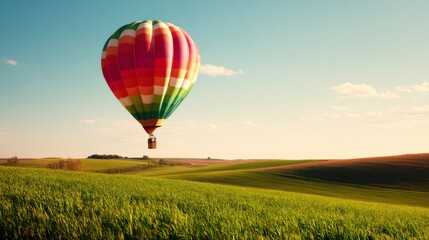 Colorful Hot Air Balloon Floating Over Green Summer Field Under Blue Sky
