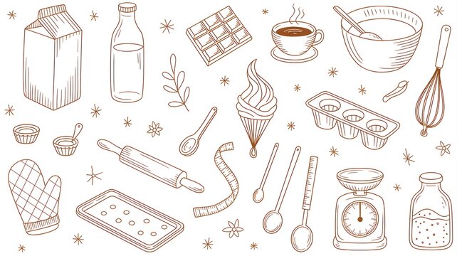 A collection of baking tools and ingredients on a white background