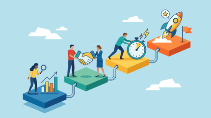 An engaging illustration of a professional team collaborating across various project steps, highlighting teamwork, productivity, and the path to innovation and success.