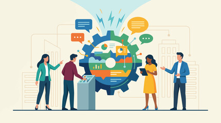 A dynamic scene illustrating professionals interacting around a large gear, representing collaboration, communication, and teamwork in the modern business landscape. © jianbin