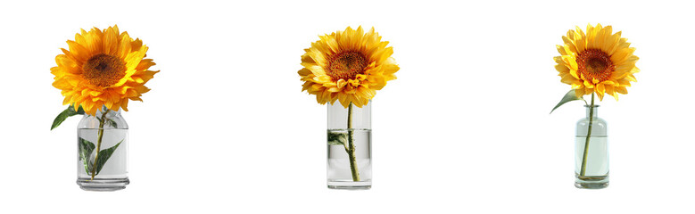 Obraz premium A vibrant sunflower displayed in a clear glass vase centered on a pure white background.