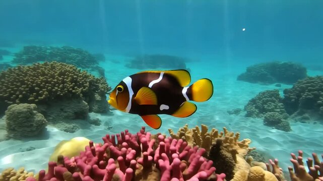 Underwater coral reef scene with saddleback clownfish swimming in natural habitat with turquoise water and sandy seabed