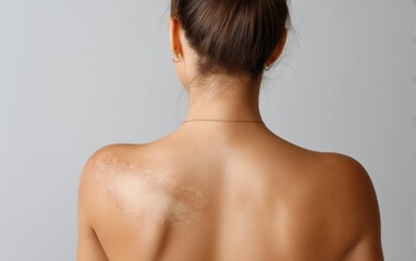Naklejka premium Back of a Woman with Skin Scarring in Studio Lighting Against Neutral Background