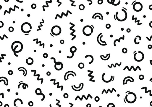 Abstract black and white memphis style geometric shapes pattern background