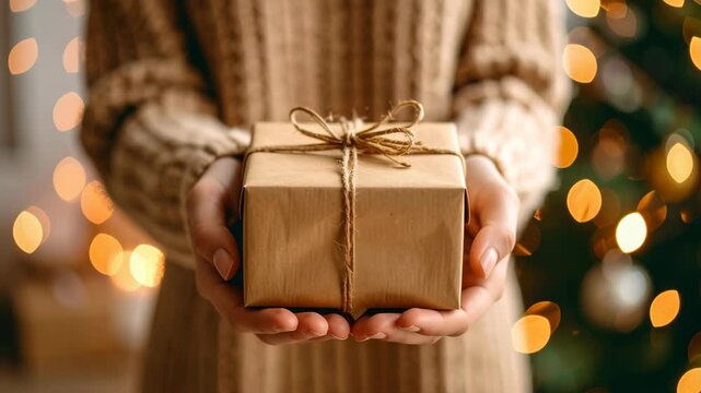 Close up of hands holding a brown kraft paper gift box with twine bow against a background of festive bokeh lights