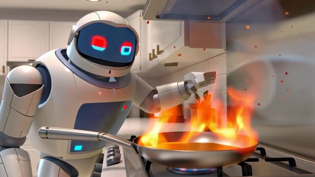 Robot chef creates culinary disaster in kitchen robot preparing food with flames futuristic ai domestic automation
