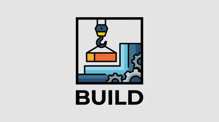 This bold concept logo depicts an industrial theme with a crane and gears, symbolizing construction, engineering, and the mechanics of building, ideal for construction firms.