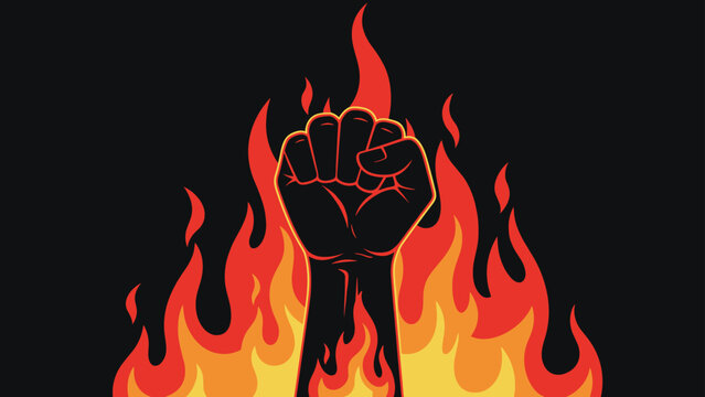 Strong raised fist silhouette stands against a background of intense orange and red flames symbolizing protest and power.