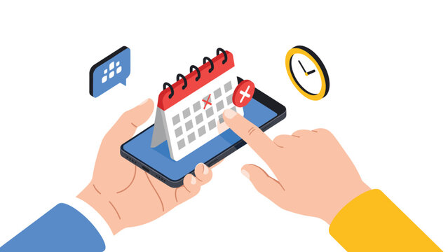 Hands holding a smartphone show a calendar app with a red cross marking a cancelled date alongside a clock icon.