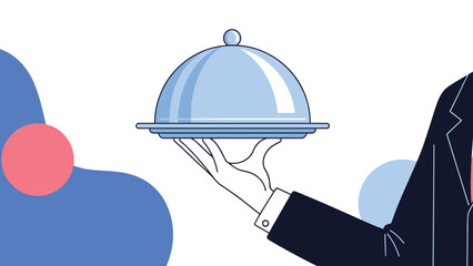 Fototapeta premium Professional hand wearing a suit sleeve holds up a silver serving cloche on a platter against a stylized background.