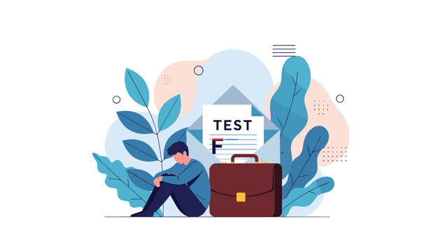 Stressed and depressed student sitting on the floor next to his briefcase after receiving a failing grade on a test paper.