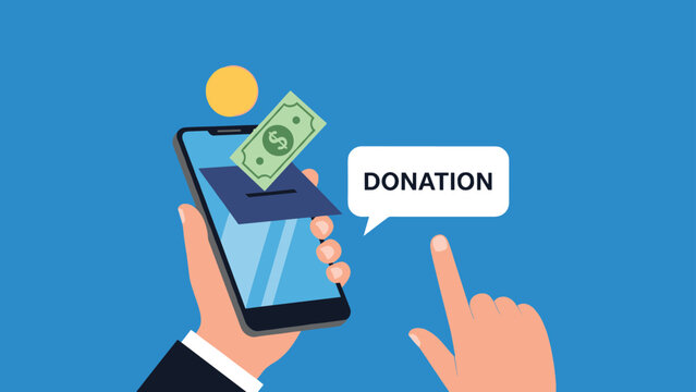 Person using a smartphone to make an online donation with cash bills being inserted into a digital slot for charity support.