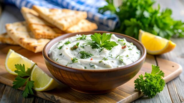 Creamy greek tzatziki dip in a wooden bowl with fresh herbs pita bread and lemon slices on a rustic table