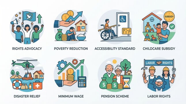 flat-style illustration of a social policy icon collection. include labor rights, poverty alleviation, accessibility standards, childcare subsidies, disaster aid, minimum wage, pension plans and right