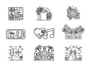 Fototapeta premium Minimal Beach Party DJ Line Icon Set