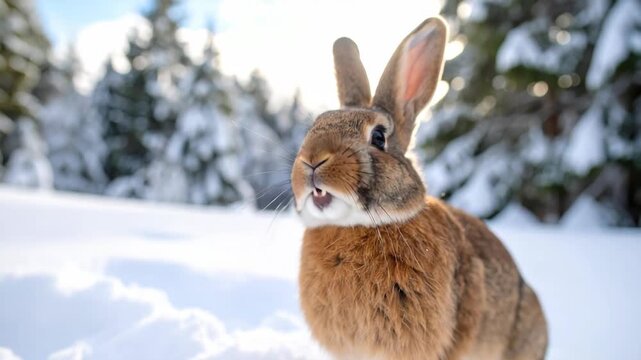 Cute brown bunny sitting in the deep white snow of a sunny winter forest showing its teeth with a funny expression