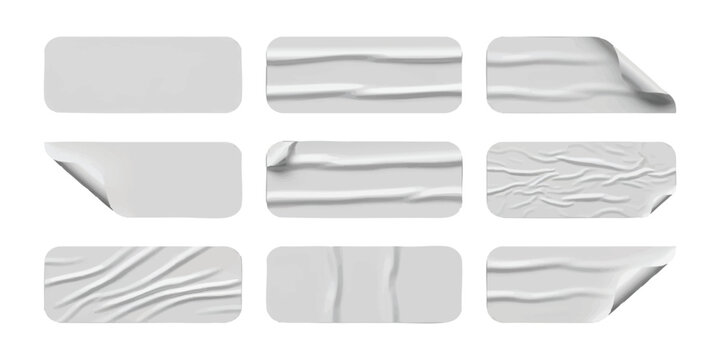 Blank white paper sticker mockup set with wrinkled textures and peeling curled corners vector illustration