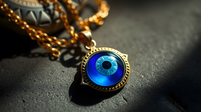 Evil eye protection charm, gold necklace, blue nazar amulet
