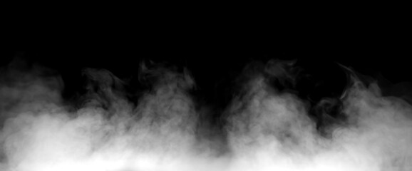 Fototapeta premium Dense white fog and ground smoke spreading across surface isolated on black background, realistic mist cloud texture for overlay effects, cinematic atmospheric smoke element for compositing.