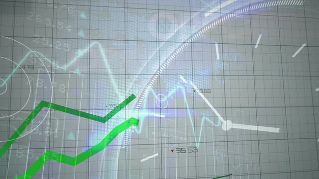 Animation of financial data processing with green lines over clock and grid