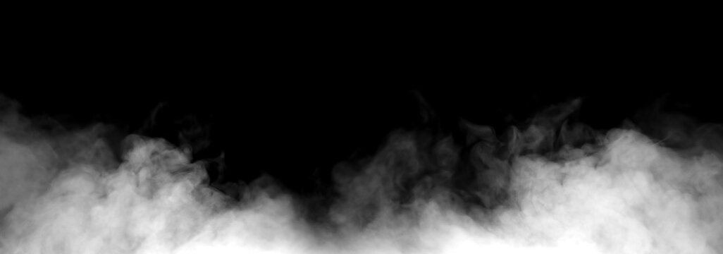 Dense white fog and ground smoke spreading across surface isolated on black background, realistic mist cloud texture for overlay effects, cinematic atmospheric smoke element for compositing.