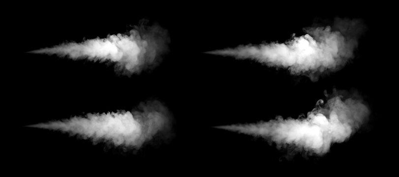 White smoke jet burst isolated on black background, realistic vapor plume blast with dense fog texture for overlay effects, explosion smoke element for compositing, cinematic visual effects