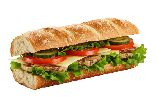 Hearty sub sandwich filled with fresh lettuce, red tomato, green cucumber, yellow cheese, and savory protein for a delicious meal