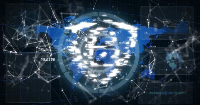 Animation of connections, word map and digital shield with padlock on black background