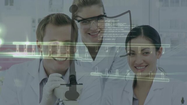 Animation of dna strand and data processing over diverse scientists in laboratory