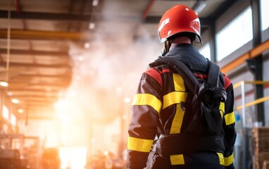 Fototapeta premium Firefighter Evaluates Dangerous Situation in Warehouse During Evacuation