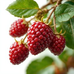 Cluster of Fresh Ripe Red Raspberries Hanging from Green Leaves on a White Background