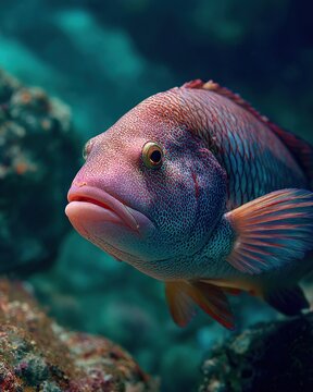 Female Asian sheepshead wrasse swimming over rocky reef in Japan waters