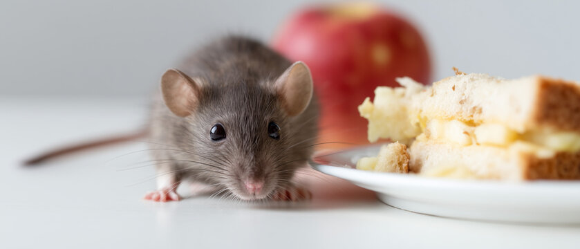A rat on a kitchen counter top next to a plate of leftover food