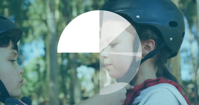 Animation of circles over diverse children wearing helmets