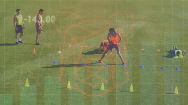 Animation of team emblems with graphs and data processing over sports stadium