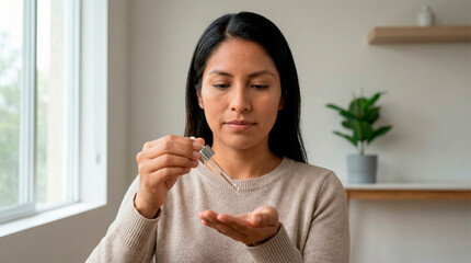 Young Hispanic woman applying facial serum or essential oil from a glass dropper onto her palm in a bright indoor home setting