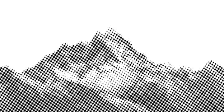 Black halftone mountain range silhouette. Grunge texture landscape terrain. Fading grainy hill chain wallpaper. Vanishing dotted noise mountain peak background. Vector scenery rock illustration