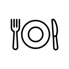 Minimalist black fork spoon and plate icon vector isolated on white background for dining kitchen restaurant design