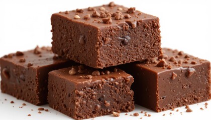 Delicious Chocolate Brownie Squares Stacked on White Background Appealing to Dessert Lovers
