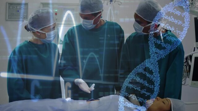 Animation of dna helix, graph, diverse surgeons performing surgery on patient in operation theater